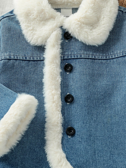 Baby Girl Fleece-Lined Denim Jacket with Button Front – Cozy Winter Coat (6 Months–3 Years)