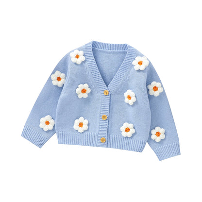 3D Daisy V-Neck Knit Cardigan for Baby Girls