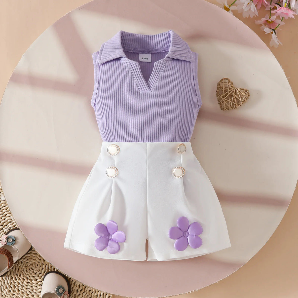 Floral Appliqué Ribbed Top & Pleated Shorts Set for Girls
