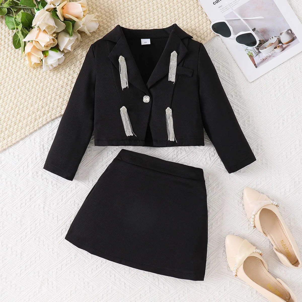 3D Rose Girls’ Blazer & Pleated Skirt Set