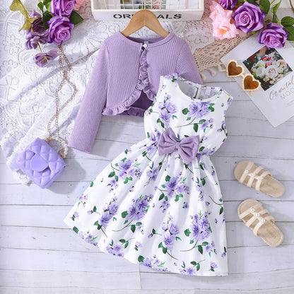 Floral Bow Dress & Ruffle-Trim Cardigan Set for Girls
