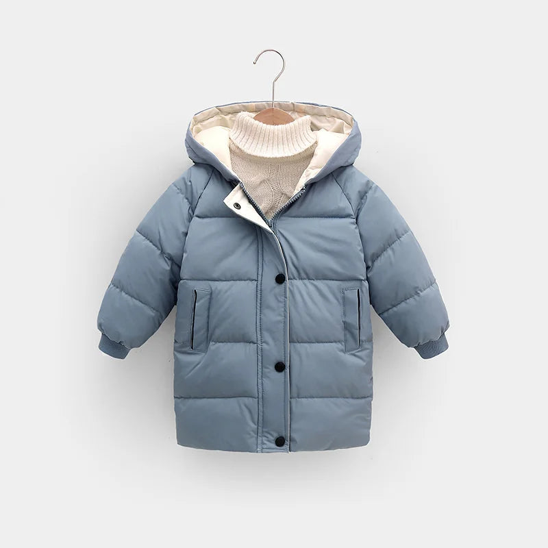 Hooded Winter Puffer Coat for Kids – Warm, Wind-Resistant Long Jacket