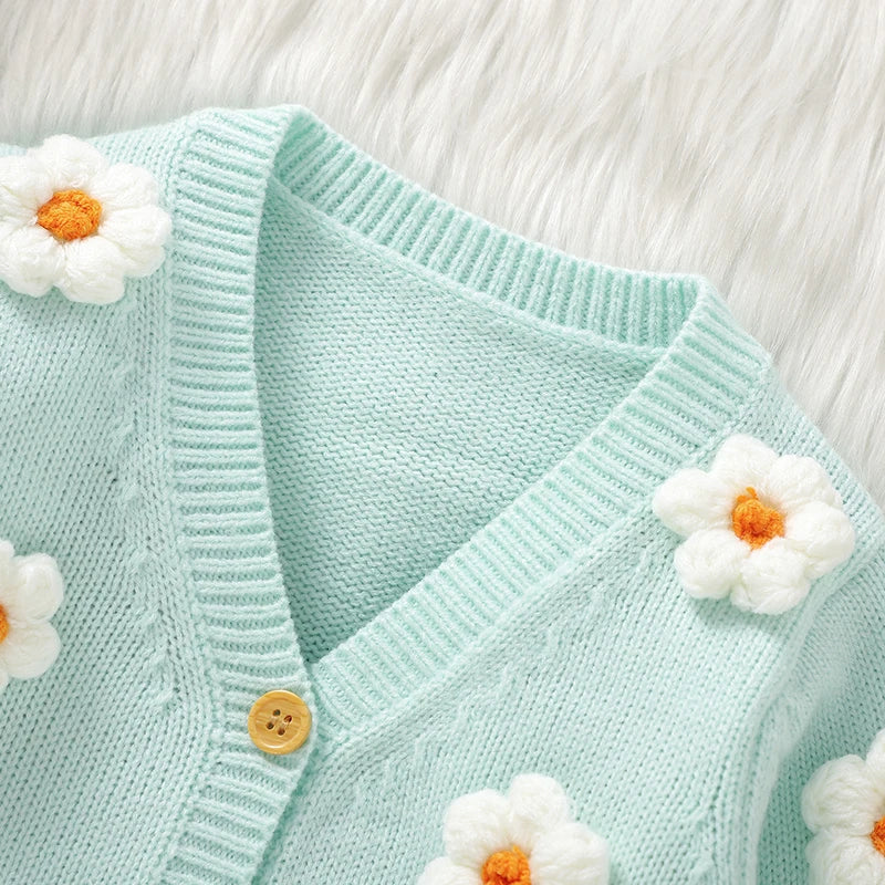 3D Daisy V-Neck Knit Cardigan for Baby Girls