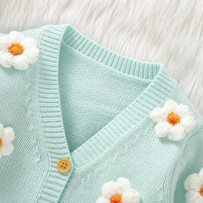 3D Daisy V-Neck Knit Cardigan for Baby Girls