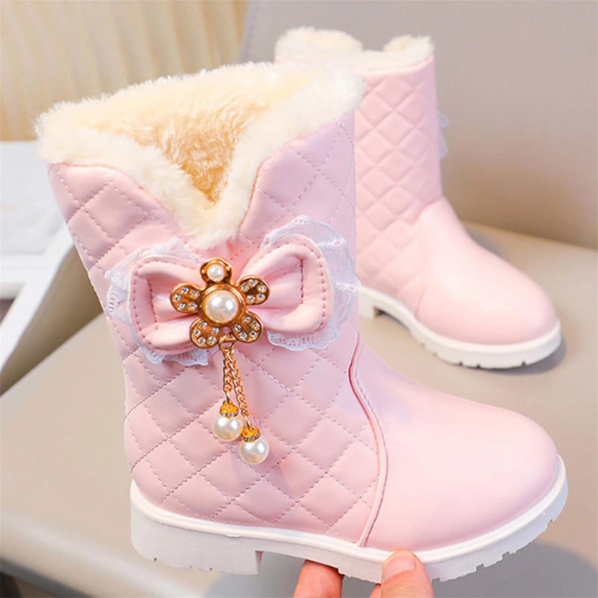 Quilted Bow Plush-Lined Ankle Boots for Girls