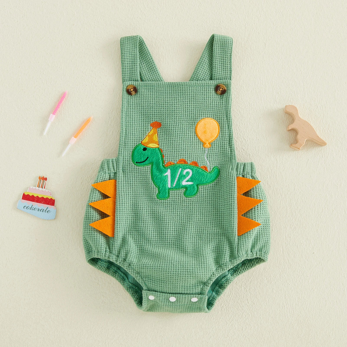Dino Half-Birthday Waffle-Knit Overall Romper for Baby Boys