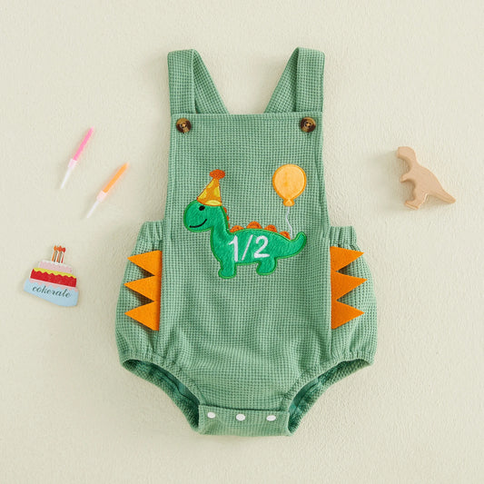 Dino Half-Birthday Waffle-Knit Overall Romper for Baby Boys