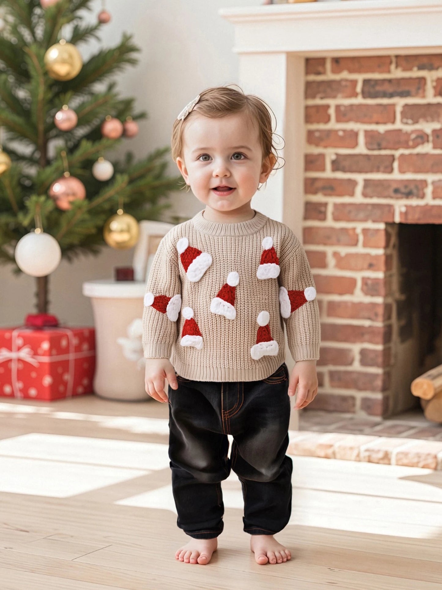 Baby Christmas Knit Sweater – Santa Hat & Tree Embroidery Crewneck (0–18 Months)