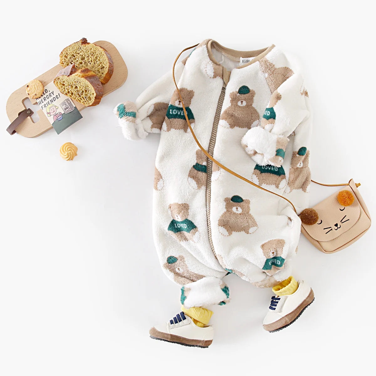Cozy Teddy Bear Print Fleece Romper for Babies & Toddlers