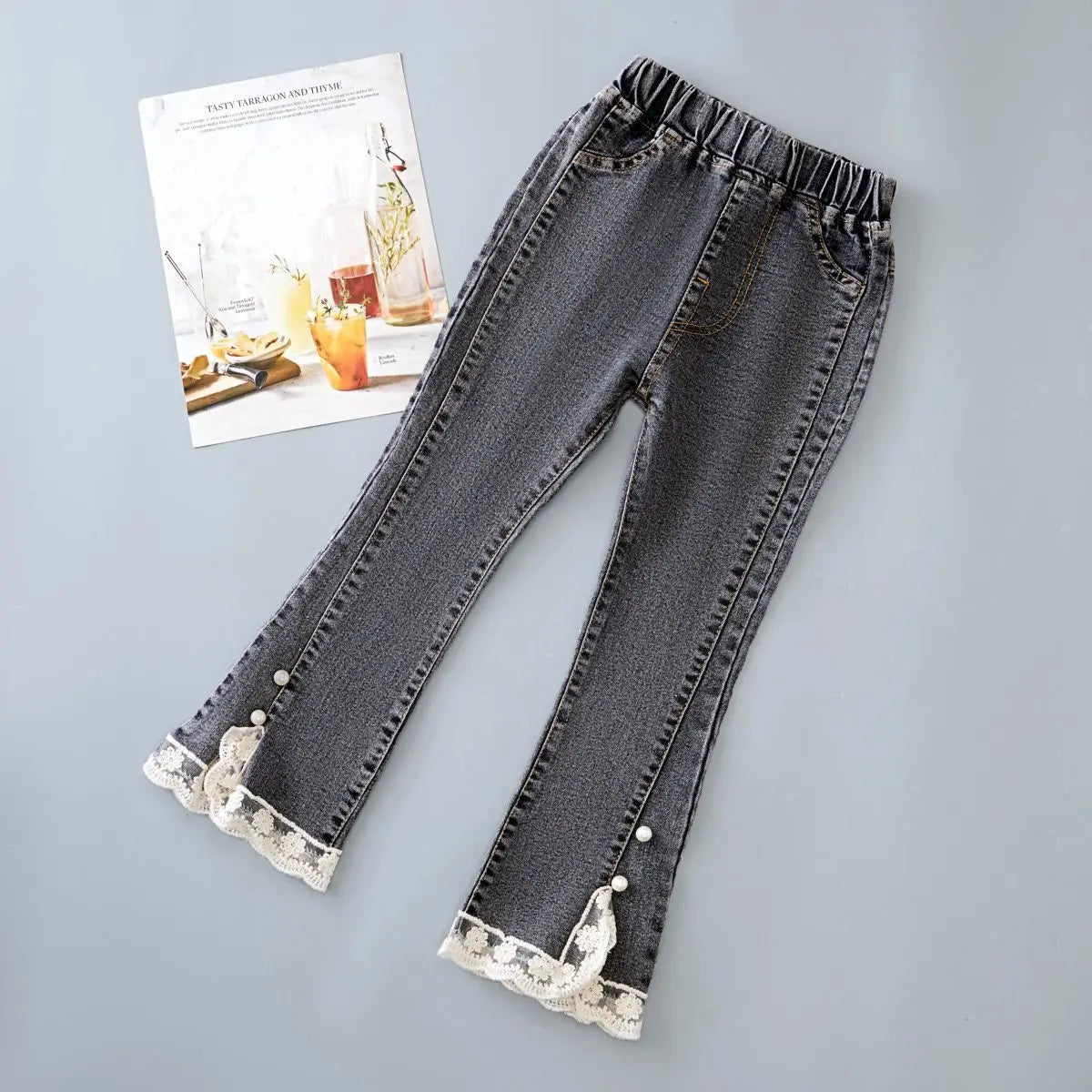Girls’ Lace-Hem Bootcut Jeans with Pearl Accents
