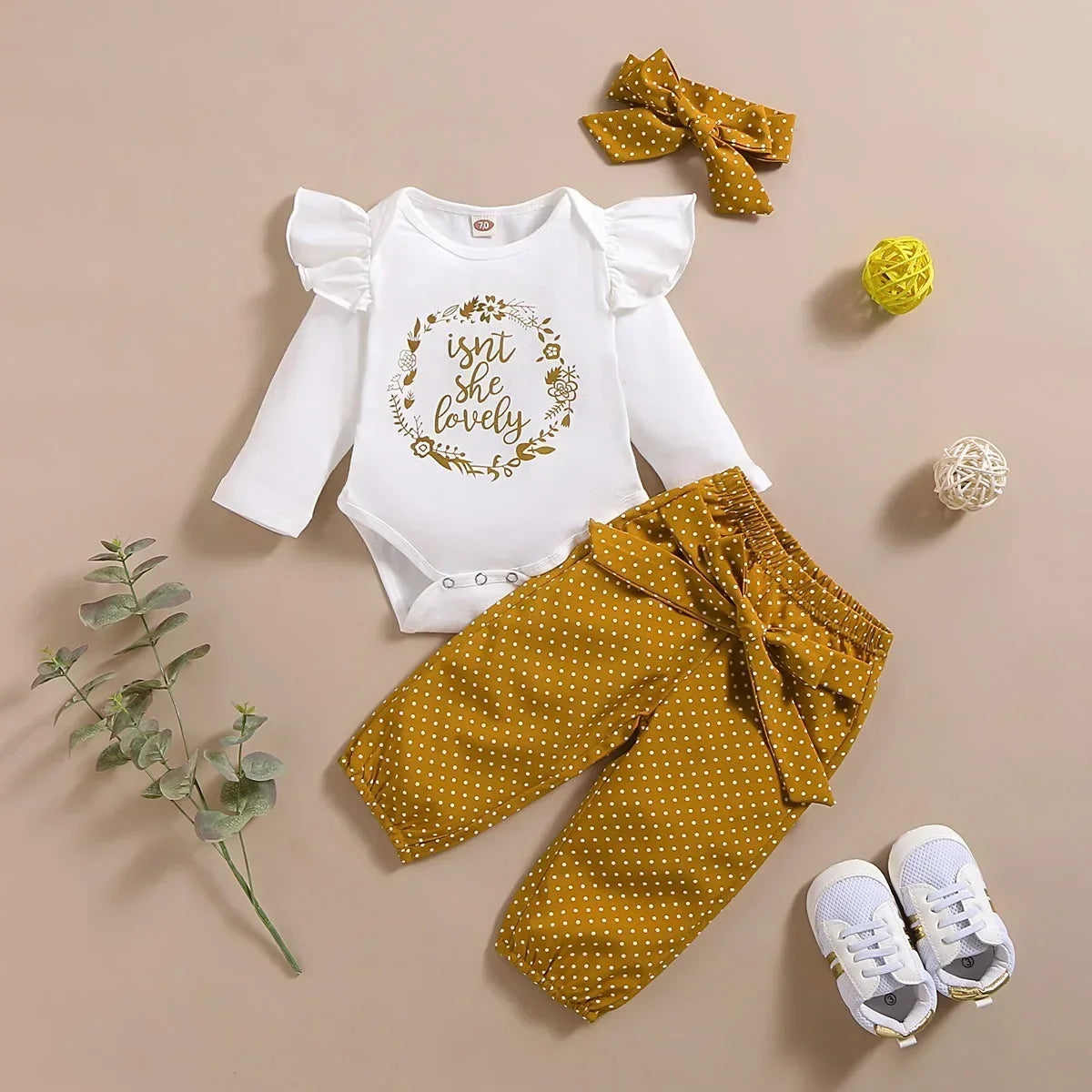Ruffle-Sleeve Bodysuit, Printed Pants & Bow Headband Set for Baby Girls