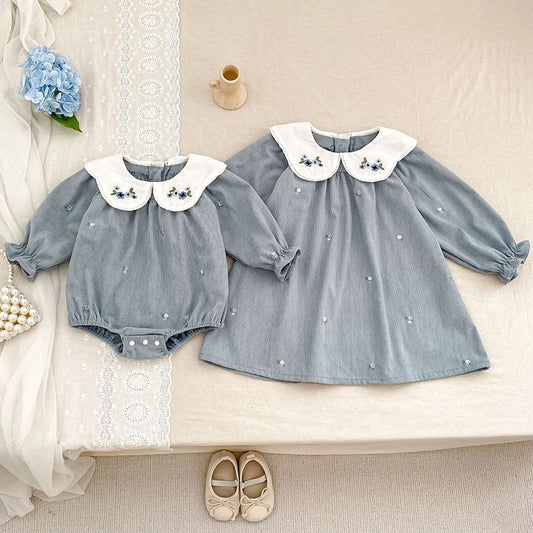 Embroidered Peter Pan Collar Bubble Romper for Baby Girls
