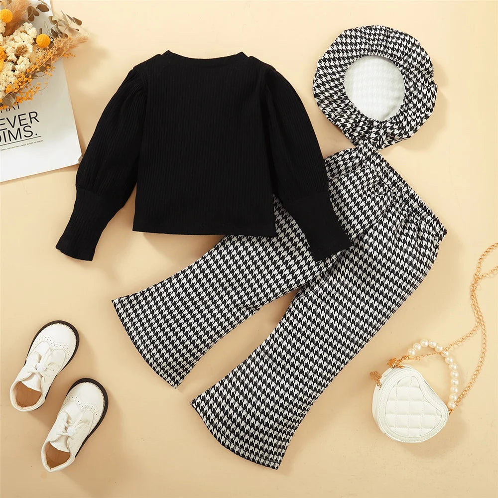 Houndstooth Heart Girls’ Top, Flare Pants & Beret Set