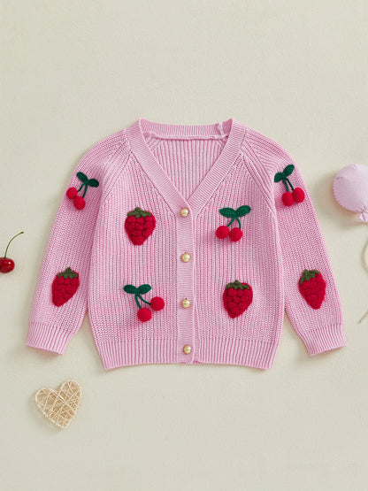 Cherry Knit Button-Up Cardigan for Toddlers and Kids – Soft V-Neck Sweater