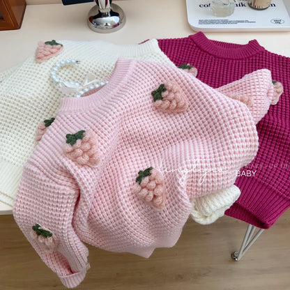 Girls Strawberry Knit Sweater – Cozy Textured Pullover (2–7 Years), Round Neck