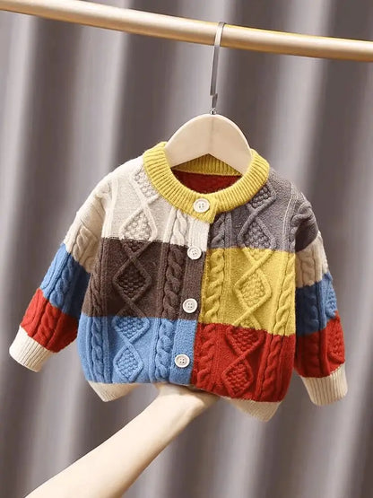 Colorblock Cable Knit Button-Up Cardigan for Kids