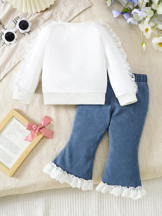 Watercolor Bow Sweatshirt & Lace Flare Jeans Set for Baby Girls