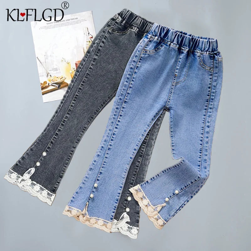 Girls’ Lace-Hem Bootcut Jeans with Pearl Accents