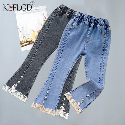 Girls’ Lace-Hem Bootcut Jeans with Pearl Accents