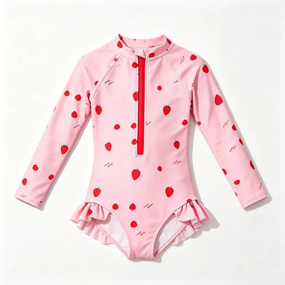 Whimsical Print Long-Sleeve Zip One-Piece Swimsuit for Girls