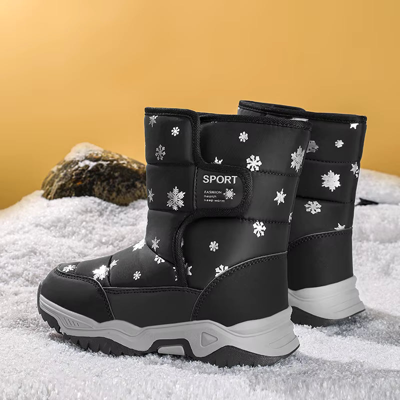 Snowflake Print Fur-Lined Winter Snow Boots for Girls