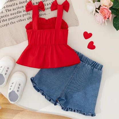 Bow-Shoulder Peplum Top & Heart Denim Shorts Set