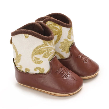 Western Floral Embroidered Baby Cowboy Boots with Soft Cotton Soles