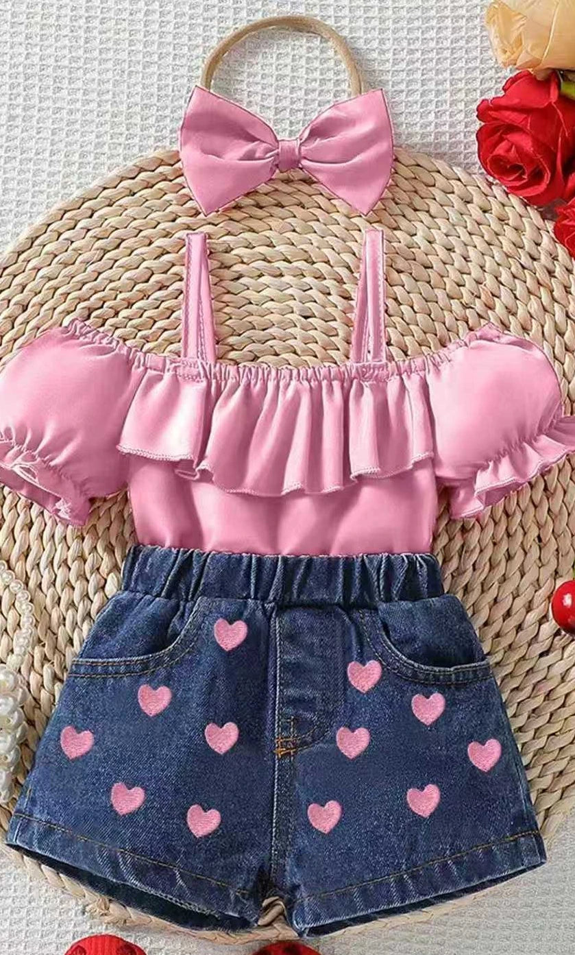 Heart & Ruffle Girls’ Summer Top and Denim Shorts Set