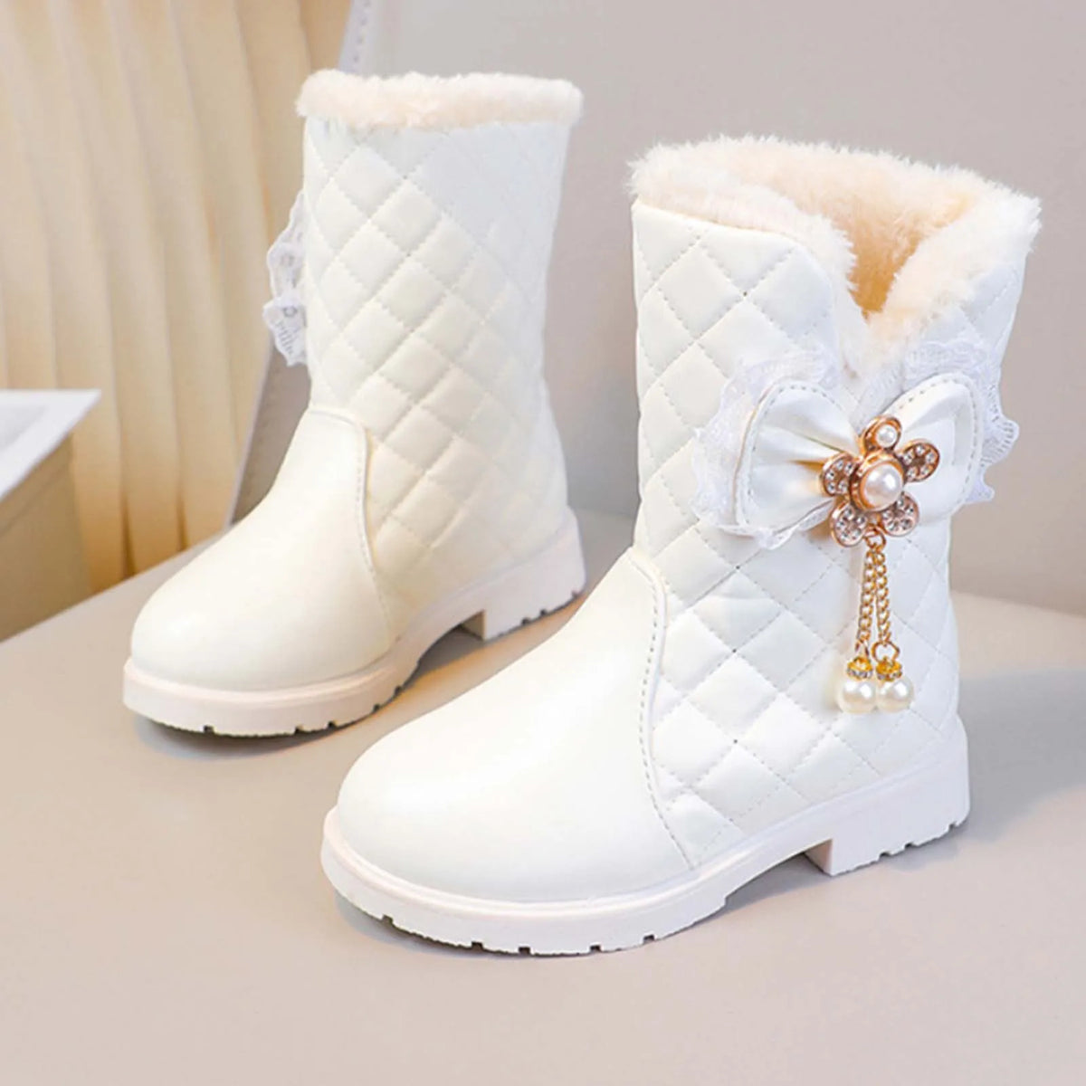 Quilted Bow Plush-Lined Ankle Boots for Girls