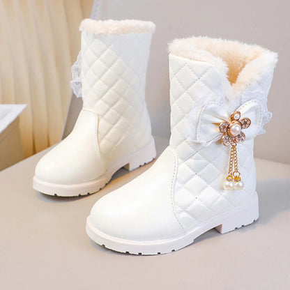 Quilted Bow Plush-Lined Ankle Boots for Girls