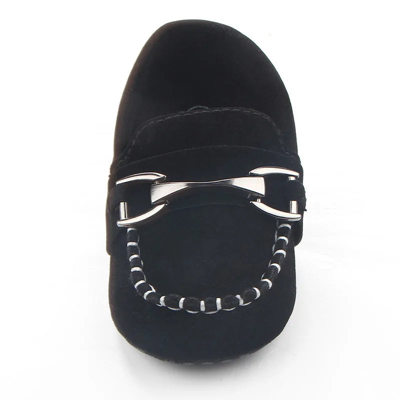 Metal Buckle Suede-Look Baby Loafers with Contrast Stitching