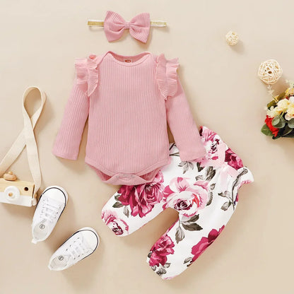 Ruffle-Sleeve Bodysuit, Printed Pants & Bow Headband Set for Baby Girls