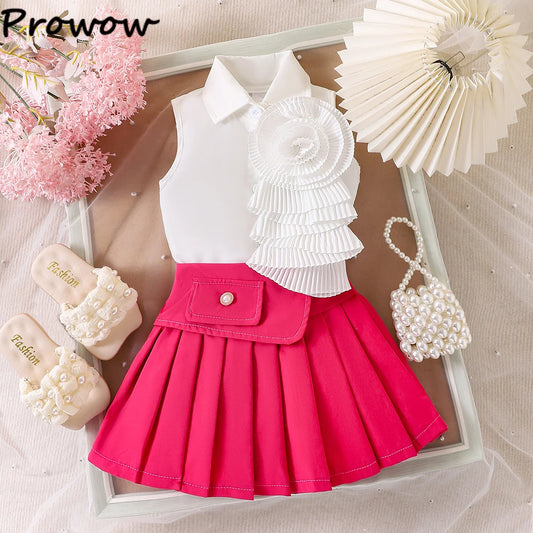 Rosette Ruffle Top & Pleated Skirt Set for Baby Girls