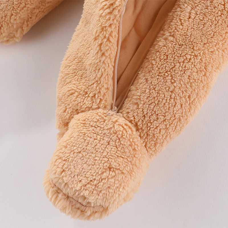 Cozy Critter Winter Romper – Hooded Plush Jumpsuit (0–12 Months)