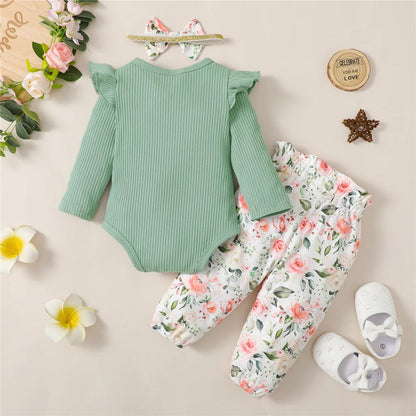 Floral Ribbed Bodysuit, Pants & Bow Headband Set for Baby Girls