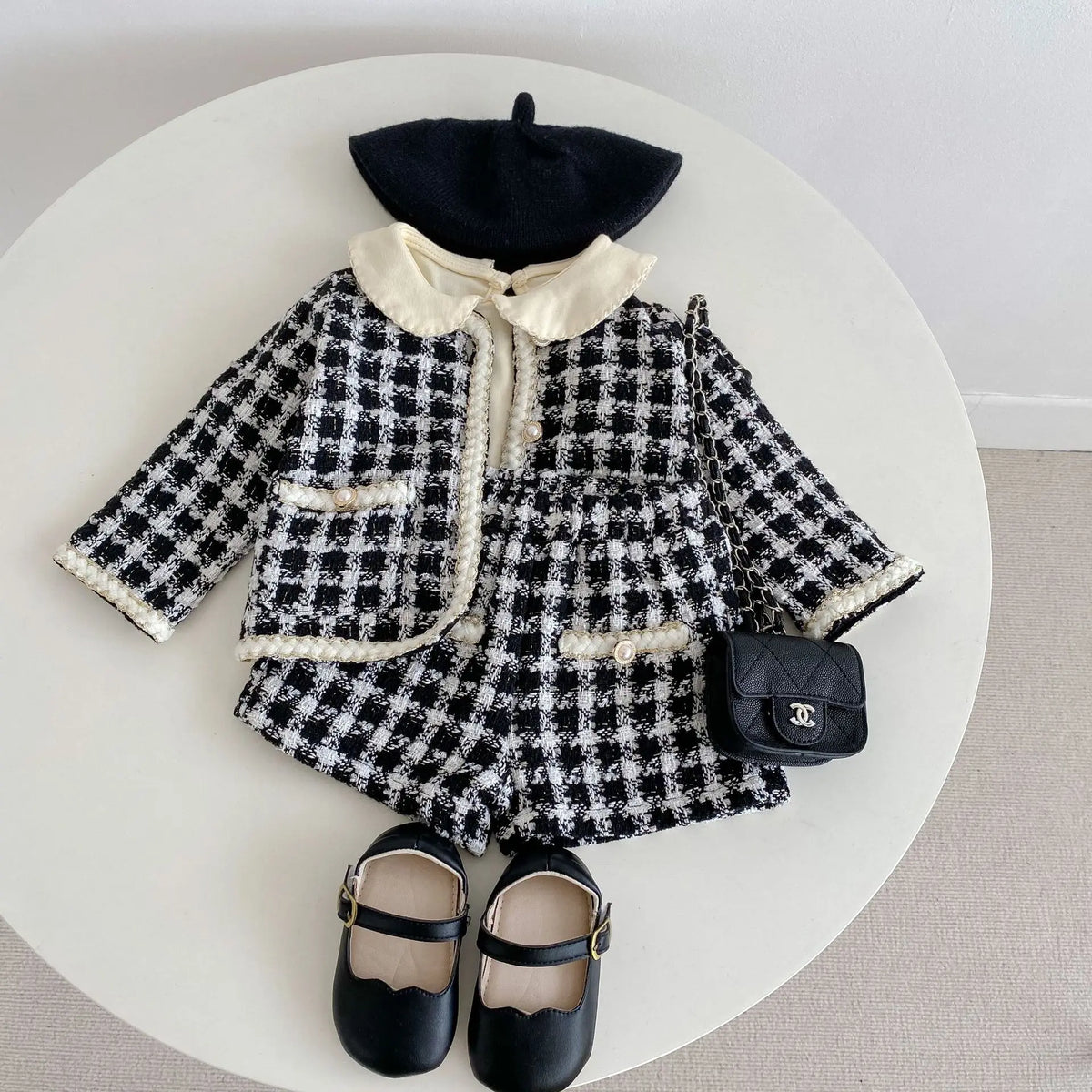 Black & White Tweed Jacket and Shorts Set for Girls