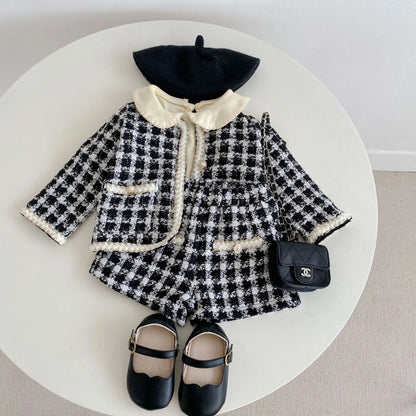 Black & White Tweed Jacket and Shorts Set for Girls