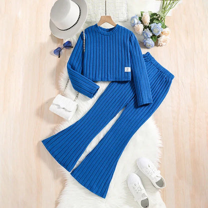 Ribbed Flare Girls’ Lounge Set with Cropped Long-Sleeve Top