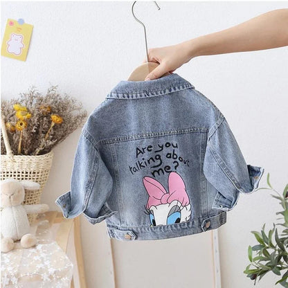 Girls Cartoon Denim Jacket – Playful Button-Front Coat for Spring & Fall (Ages 2–7)