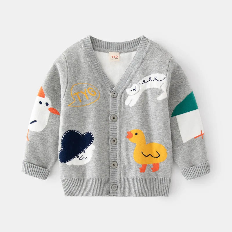 Unisex Kids Cotton Knit Cardigan Sweater (2–8 Years) – Button-Front V-Neck, Playful Prints