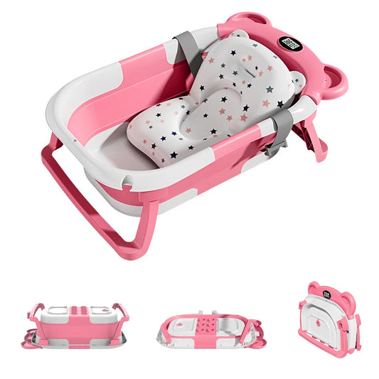 Foldable Baby Bathtub with Temperature Display & Bath Cushion