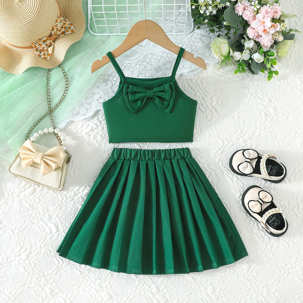 Rosette Ruffle Top & Pleated Skirt Set for Baby Girls