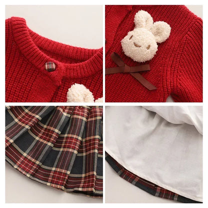 Plush Bunny Knit Cardigan & Plaid Skirt Set for Girls