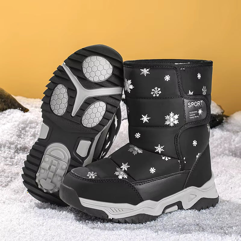 Snowflake Print Fur-Lined Winter Snow Boots for Girls