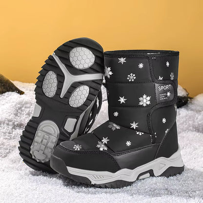 Snowflake Print Fur-Lined Winter Snow Boots for Girls