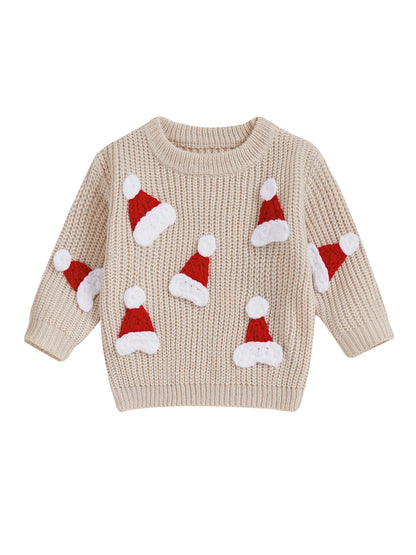 Baby Christmas Knit Sweater – Santa Hat & Tree Embroidery Crewneck (0–18 Months)