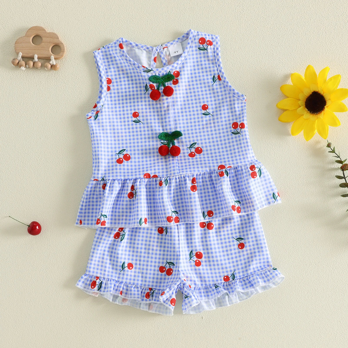 Cherry Picnic Gingham Tank & Ruffle Shorts Set for Girls