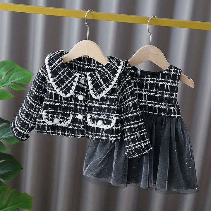 Black & White Tweed Jacket and Shorts Set for Girls