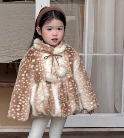 Deer Print Plush Winter Coat for Girls with Pom-Pom Ties