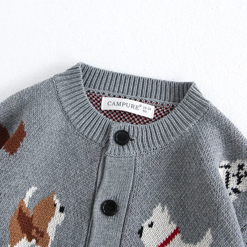 Unisex Kids Dog Knit Cardigan Sweater (18–24 Months to 8 Years) – Button-Front, Cozy Crew Neck
